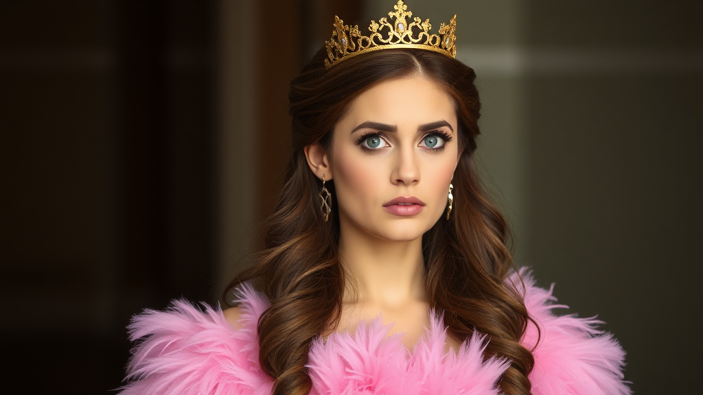 Woman with long, feathered brunette hair. Puffy pink prom dress and small golden crown. She looks concerned.