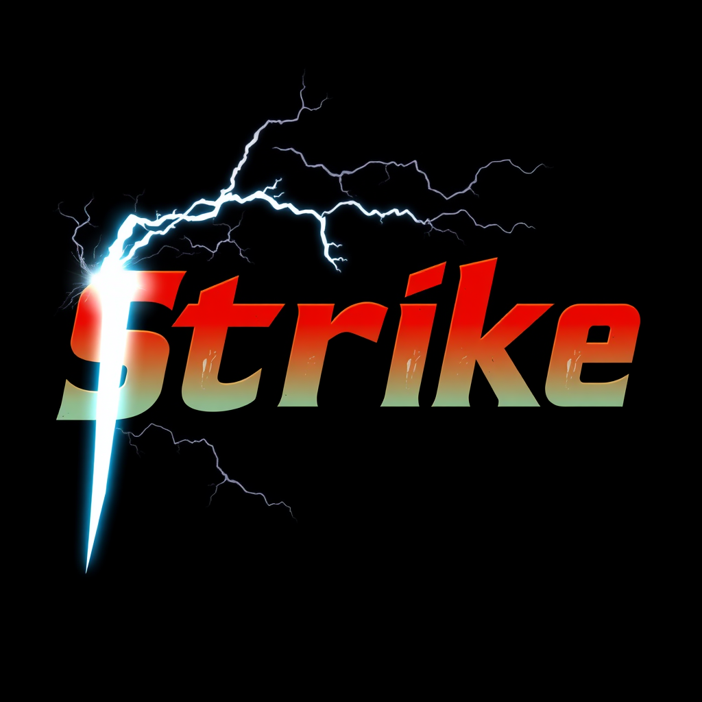 "Strike" with a sharp fort on a black background and with font. Make it with some lightning motives