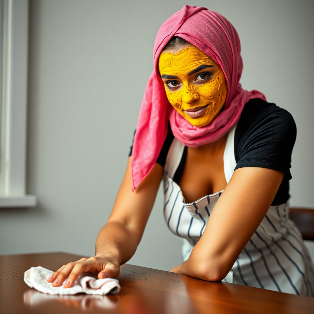 slim, 30 year old, sexy, french maid, pink scarf head, turmeric face pack. She is cleaning a table with a cloth