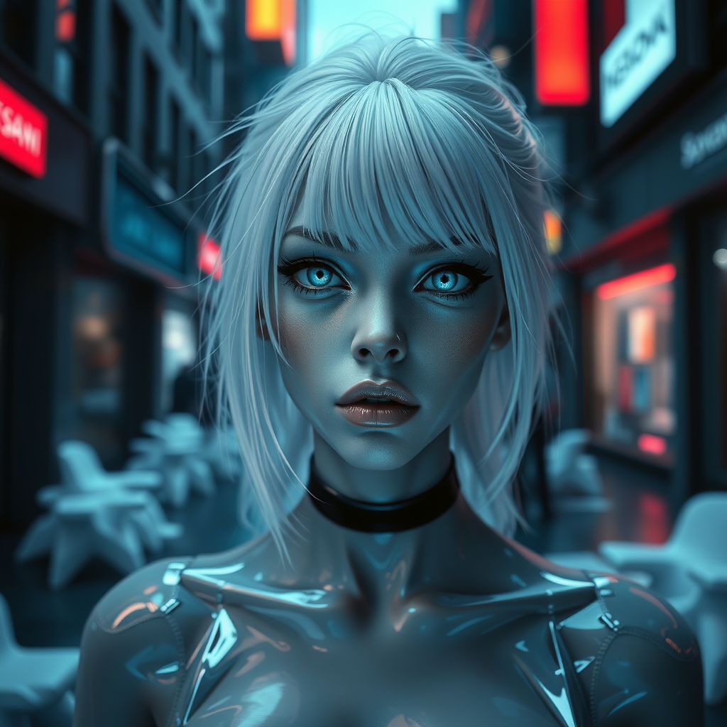 TWEEN FEMALE NEXON GAMES, inside in a scenery game city Altered Carbon, white gelatins floating, white hair, blue eyes neon, mouth closed with a sarcastic expression of irony, ice street in city, metalic grey skin, front posing, full body view, Image 9:16 Resolution HD High Quality, cinematic corrected lighting, hyper-realistic saturation in layer fusion with 8K cimetric HDR traces in Real Tracing perspectives, realism vision colors Impact of Realism in the reflections of the environment inspired by wet