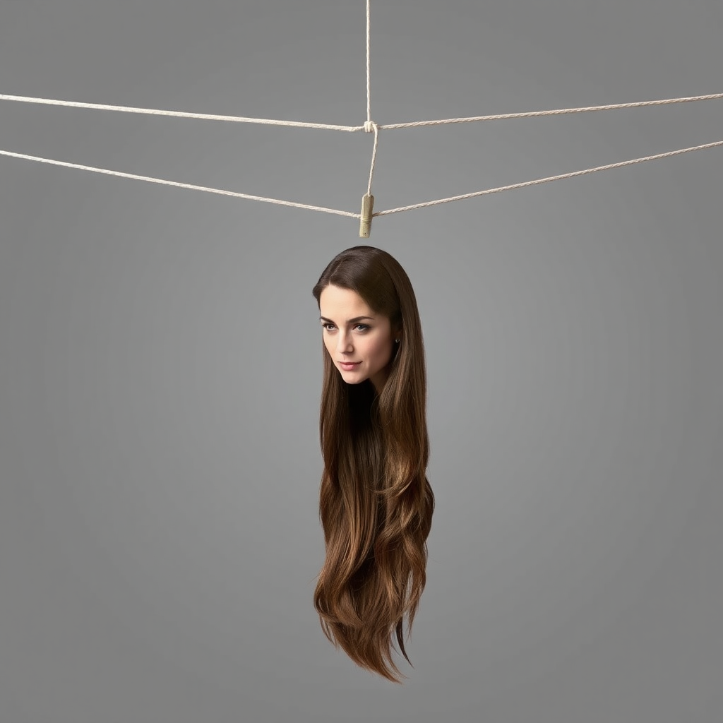 A surreal image of the beautiful very long haired Kate Middleton's disembodied head hanging by her long hair from a clothesline.  Plain gray background.