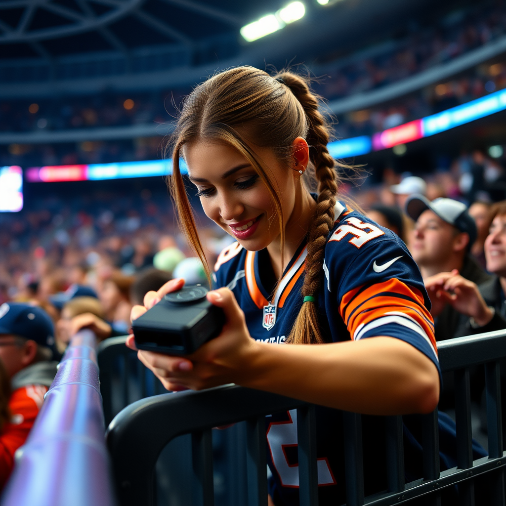 Attractive female NFL fan, pigtail hair, jersey, leaning forward over barrier, looking down at tv camera, cheering, inside front row crowd, TV camera perspective