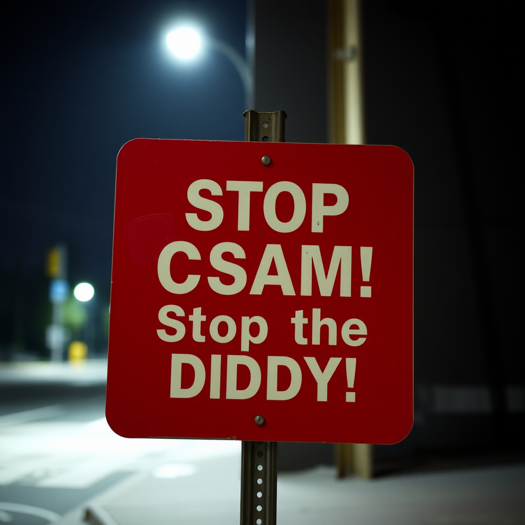 a red aggressive danger sign saying "Stop CSAM! Stop the Diddy!"