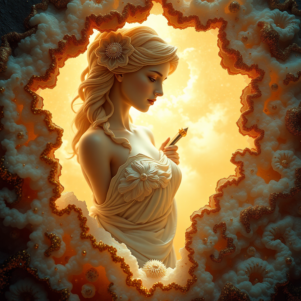 young Greek goddess, high quality photo, intricate environment, ultra-detailed, impressionistic, dynamic composition, artistic photograph, geode, alabaster, gold, fractal, brilliant colors, glittering, sunlight, illumination, transparency, translucent, coral