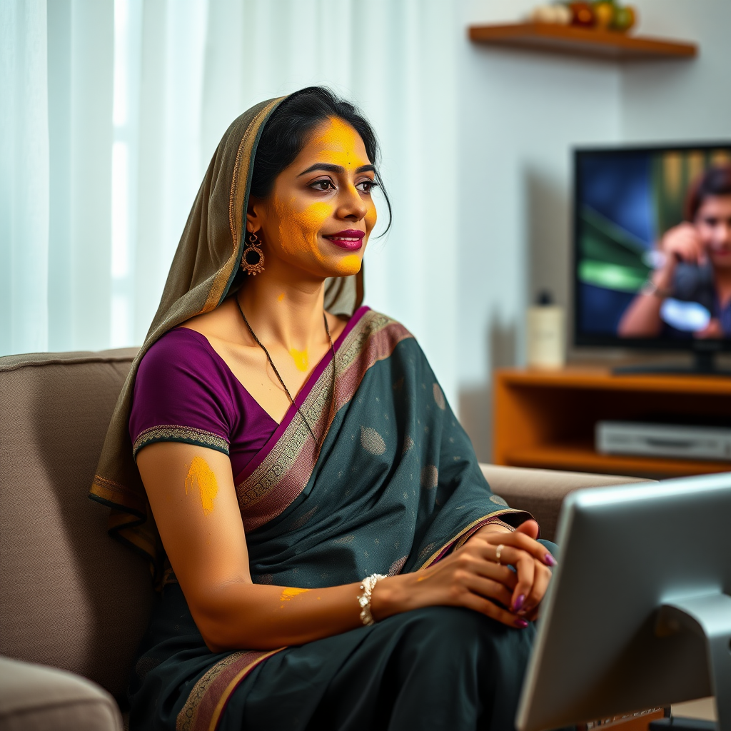 slim, 30 year old, modern indian wife with hair covering, turmeric paste on her face. she is sitting on a sofa and watching TV