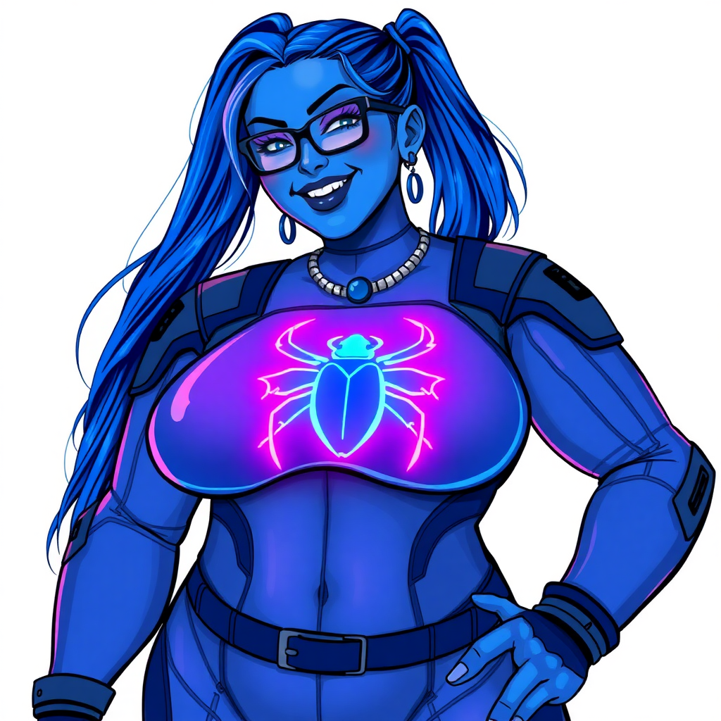 A cyberpunk vigilante’s full-figure 5PB (Maximum Blue) skinned computer program hybrid 28-year-old digital sidekick and loyal girlfriend. She has a long 5PB (Maximum Blue) ponytail and 5PB (Maximum Blue) skin that blends with her outfit appearing to merge together into computer data. She wears maximum blue lipstick, blue eyes, a sapphire beetle gemstone necklace, sapphire earrings, black eyeglasses, and an oversized, digital, computerized, 5PB (Maximum Blue) bodysuit featuring a neon blue glowing scarab beetle chest icon that accentuates her prominently, round, gargantuan midsection. She sports a beaming smile with a neon red blush. She serves as his minicomputer operating in his hi-tech wristwatch and supercar's onboard computer using her ability to hack into machines and computer to relay vital mission information. The background is solid white. She is drawn as if she was in a retro 2D cyberpunk fighting game. Her midsection is bloated to emphasize her figure.