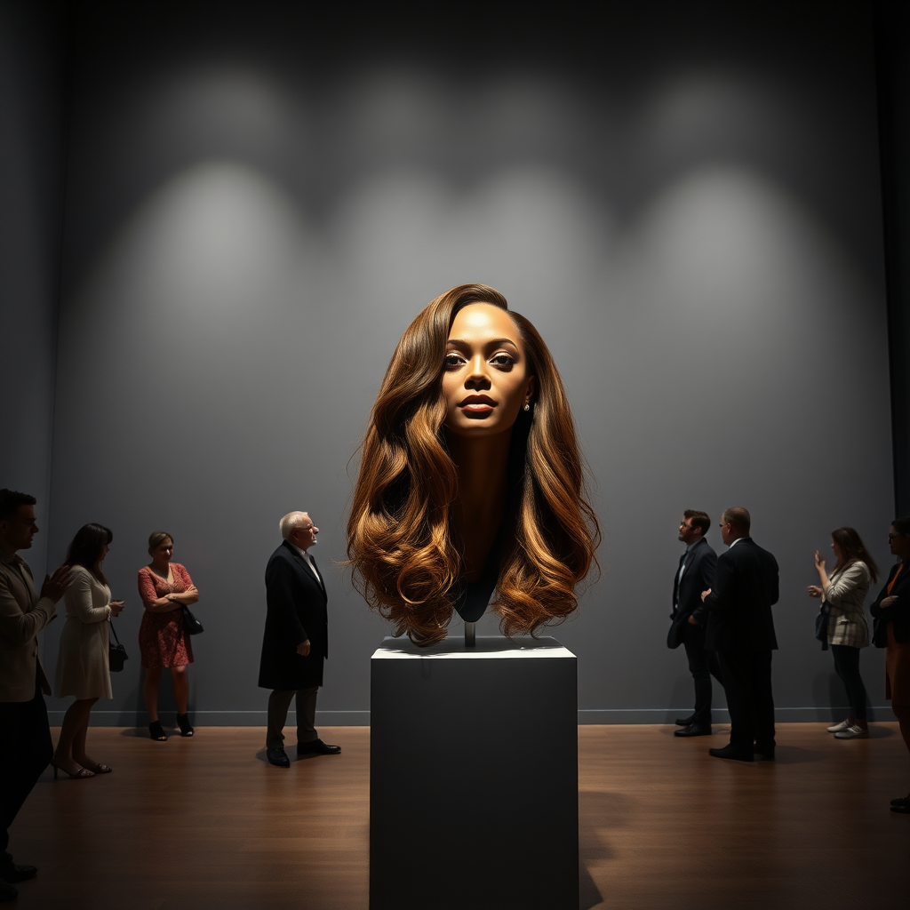 In a dimly lit exhibition hall that captures the essence of avant-garde artistry, a striking centerpiece commands attention—a stunning, life-sized reproduction of Beyoncé's disembodied head, artfully displayed atop an elegant, minimalist stand. Her luscious, cascading hair, flowing down like silken waterfalls, glimmers under soft spotlights, revealing various shades of deep ebony, sun-kissed caramel, and rich mahogany. Each strand of hair appears meticulously styled, evoking a sense of ethereality that captivates passersby.

The exhibit's atmosphere is infused with an intriguing blend of fascination and subtle mystery. The plain gray background serves as a striking contrast, emphasizing the intricate details of the head's delicate features and the sheer volume of her luxurious hair. As viewers meander through the exhibit, whispers of awe ripple through the crowd—an electric anticipation fills the air, punctuated by the occasional gasp, as onlookers contemplate the artistic statement of beauty and identity.

Glimmers of ambient lighting dance upon the hair, creating an almost dreamlike effect that draws the eye, while the subtle scent of polished wood and fresh paint lingers in the air, enhancing the sensory experience. Amidst this surreal setting, a skilled magician steps forward, performing deft sleight of hand tricks that play with illusions of reality, making it feel as though Beyoncé's hair might come alive at any moment. Curiosity intertwines with enchantment, making each viewer ponder the boundaries of beauty, art, and expression.