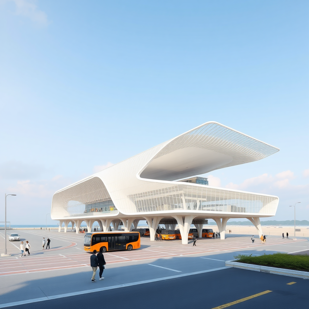 Concept design of a bus terminal inspired by Sendai Mediatheque  
Architect: Toyo Ito with stilt floor and staggered flooring with 2 storey structure bus terminal should be open, fluid, public space with commercial space the bus terminal has beach in west side. architecture structural form