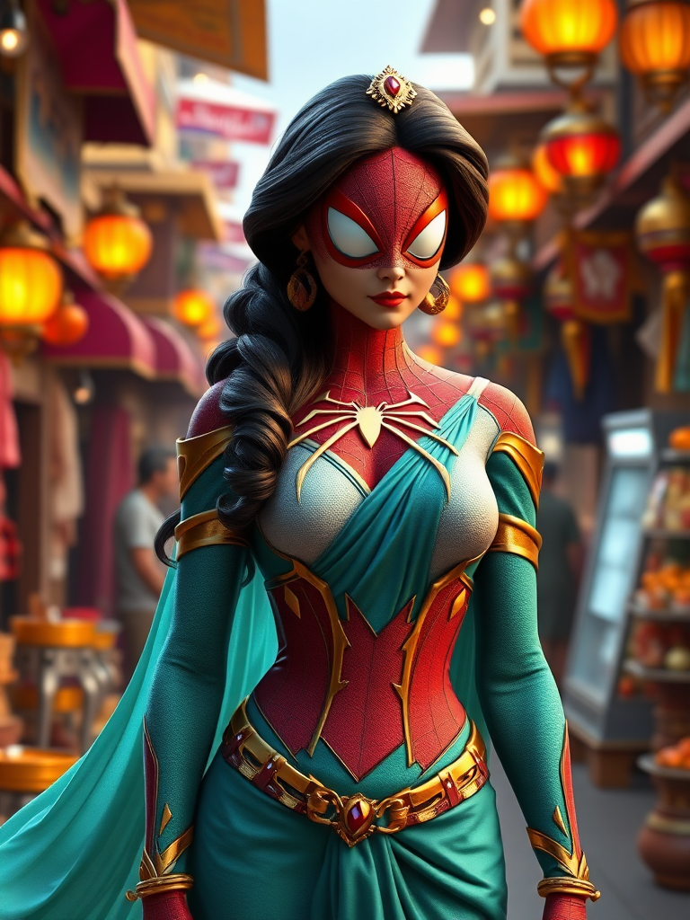 ## FLUX.1 Prompt:

Generate a full-length, photorealistic render of Princess Jasmine with the body type of Spider-Man. Keep Princess Jasmine's head intact. Adjust the body structure and silhouette to match Spider-Man's musculature and male physique. Modify Princess Jasmine's costume to fit the new body type, maintaining its overall style and color scheme. Set the scene in a vibrant Agrabah marketplace, incorporating elements from both Aladdin and Spider-Man universes.