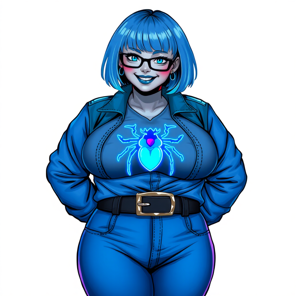 A 28-year-old, full-figured, middle gray metallic-skinned computer program-human hybrid with a maximum blue bob cut. She has a non-athletic build, highlighted by a prominent, round, large midsection. As a digital sidekick, computer hacker, and nerdy girlfriend to her cyberpunk vigilante boyfriend, her middle gray metallic skin and maximum blue lipstick emphasize her digital nature. She wears a costume consisting of a maximum blue leather shirt (that accentuates her figure) with a neon blue beetle chest icon, a black belt with a sapphire scarab buckle, maximum blue pants, and black gloves. Her bright blue eyes, black eyeglasses, and lovestruck smile with neon red blush accentuate her nerdiness. She stands bashfully with her hands behind her back, her costume covering all her skin. Her pudgy and full-figured physique is fully emphasized and clearly not that of an athletic person. She is on a solid white background. She is drawn as if she was in a retro 2D cyberpunk fighting game.