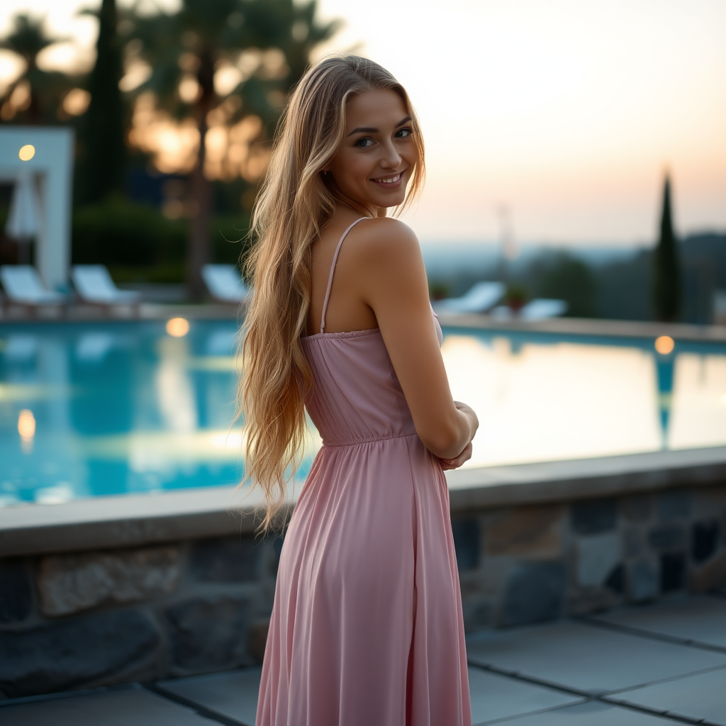 a young women wearing a long dress standing next to a pool. long blonde hair and brown eyes. smiling while turning around. view from distance. evening. photo