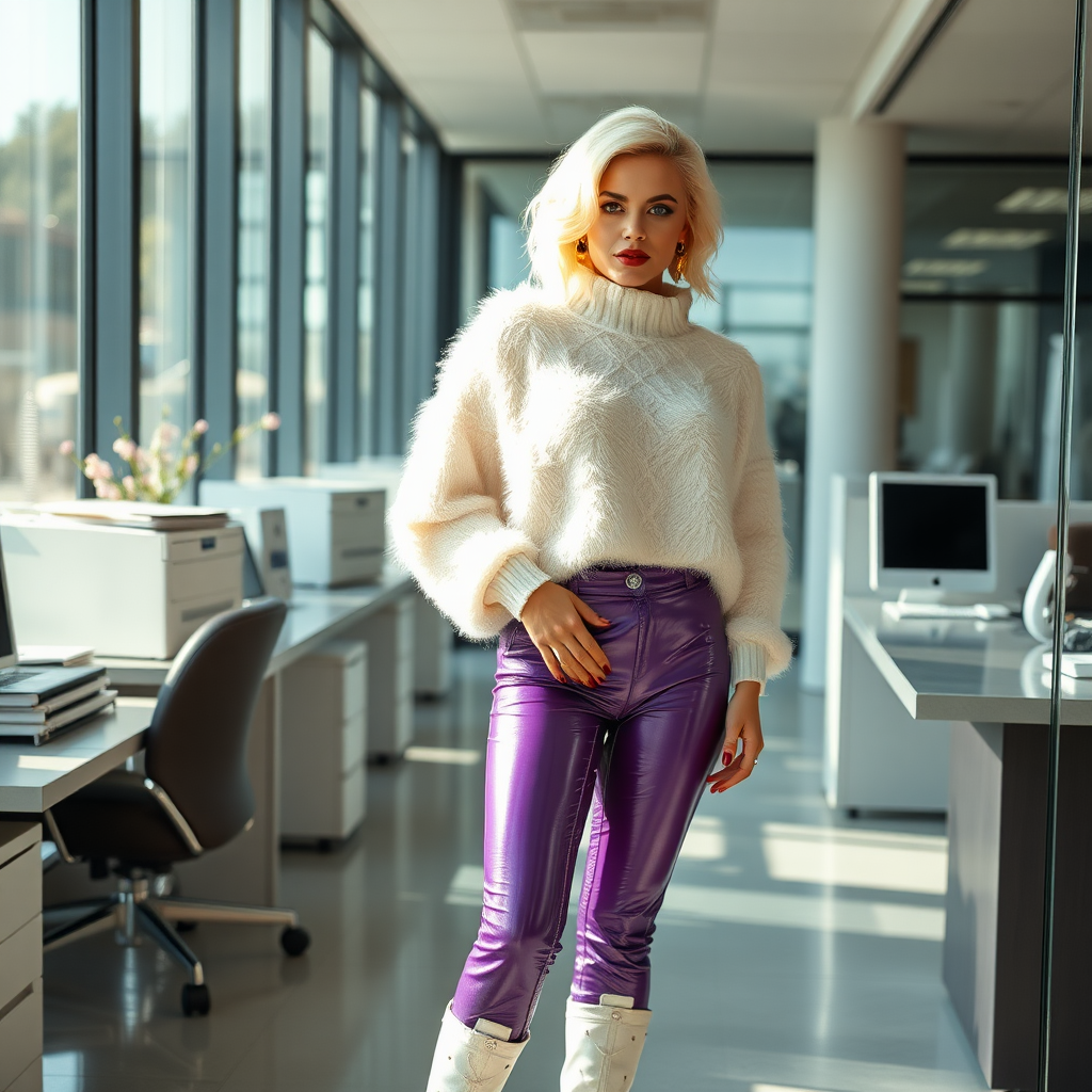 Sunny spring morning, modern glass-steel-concrete office, standing gracefully at Xerox: Nina, 17 years old very convincing femboy, tamed servile docile, very beautiful feminine flawless face, rather short, by hormones very curvaceous womanly figured, platinum blond short tight curls, French nails, bold red lips, heavily made-up face, 80s fluffy very fuzzy bright white angora very cropped batwing-sweater with oversized fuzzy turtleneck, purple shiny vinyl leggings, white boots with golden high heels, gold earrings, seductively looking at camera. Full view.