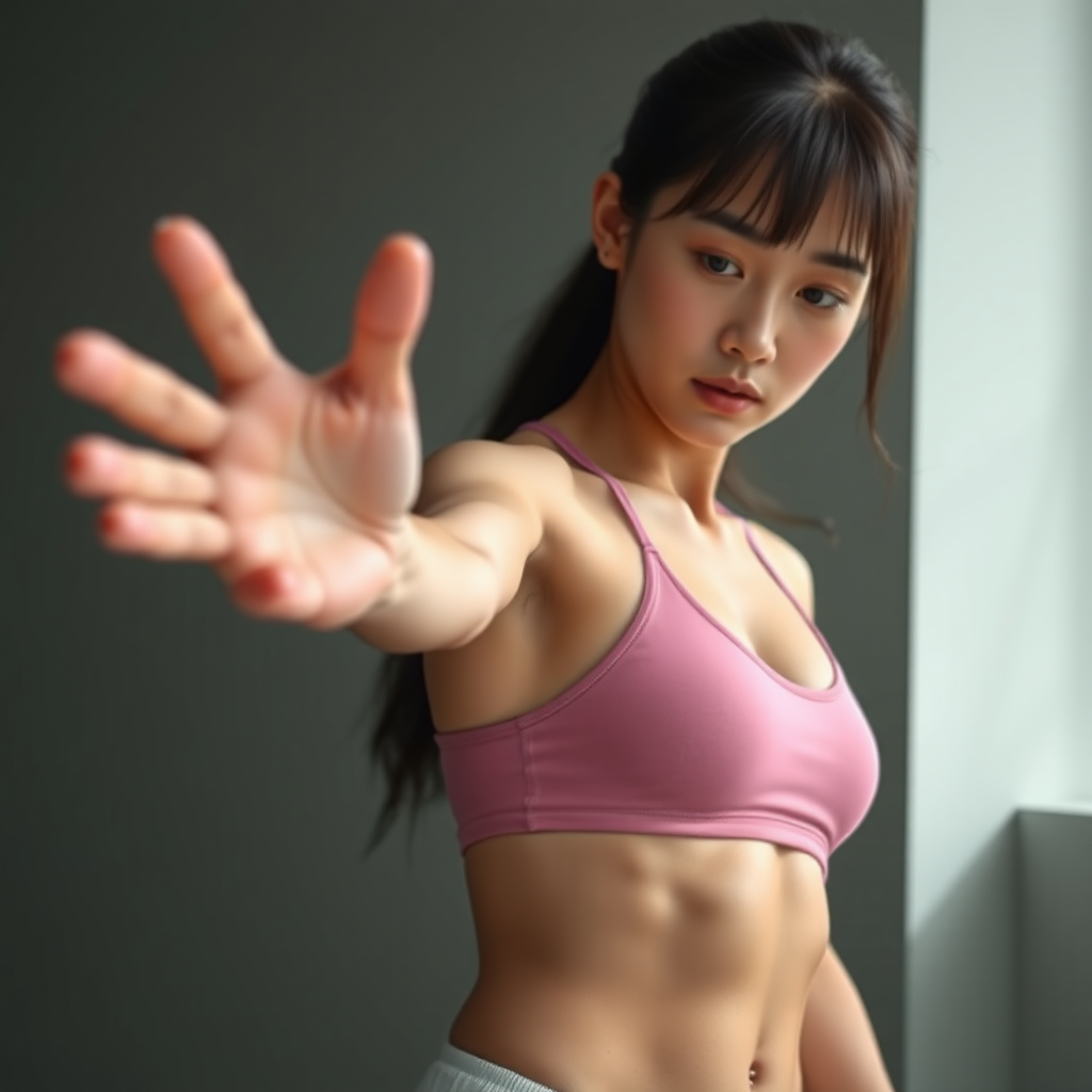 Photorealistic full body low angle shot athletic Korean woman holds her arm outstretched, looking at something resting on her palm negative: bad anatomy