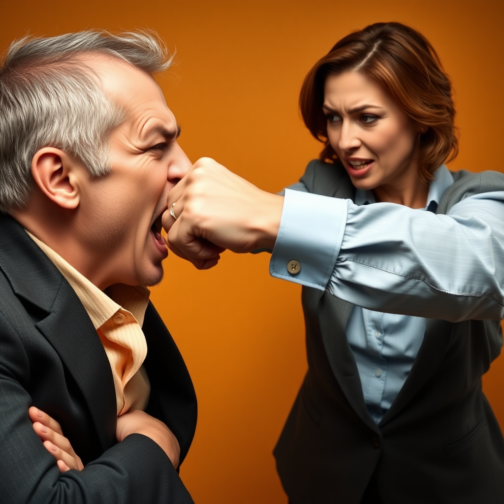 mature attractive business woman punching a man in the face, the fist is hitting his angry face and making strong impact, he looks visually disturbed, her fist is physically touching his face as she is knocking his teeth out