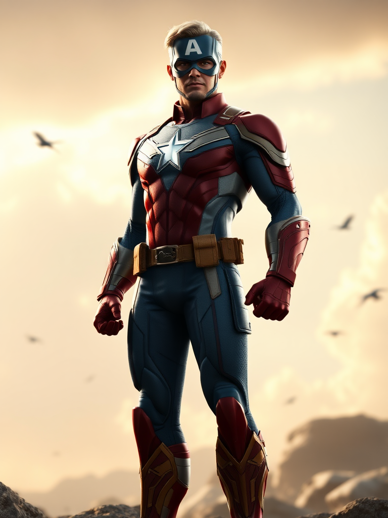 Create a hyper-realistic full-length render of Steve Rogers featuring the body type of Power Girl. Maintain the original head while modifying the silhouette to reflect Power Girl's physique. Position the character in a background that harmoniously blends elements relevant to both characters, capturing their heroic essence. Focus on details such as costume textures, lighting, and shadows to enhance realism, ensuring the final image showcases both strength and personality.