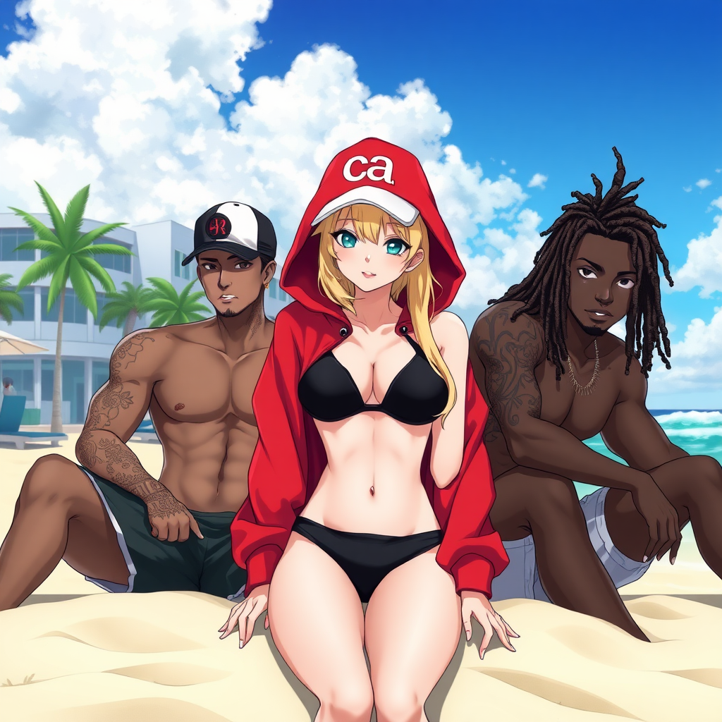 A high-quality anime art of a scene in Miami beach florida city,  3 people, a white-ghetto blond girl with blue eyes wearing a black-micro bikini under a red bape hoodie with red lips, white lips, a handsome white latino make with a sideways cap and brown-dark fohawk hair sitting next to her, also there is a black male with dreadlocks also next to the team.