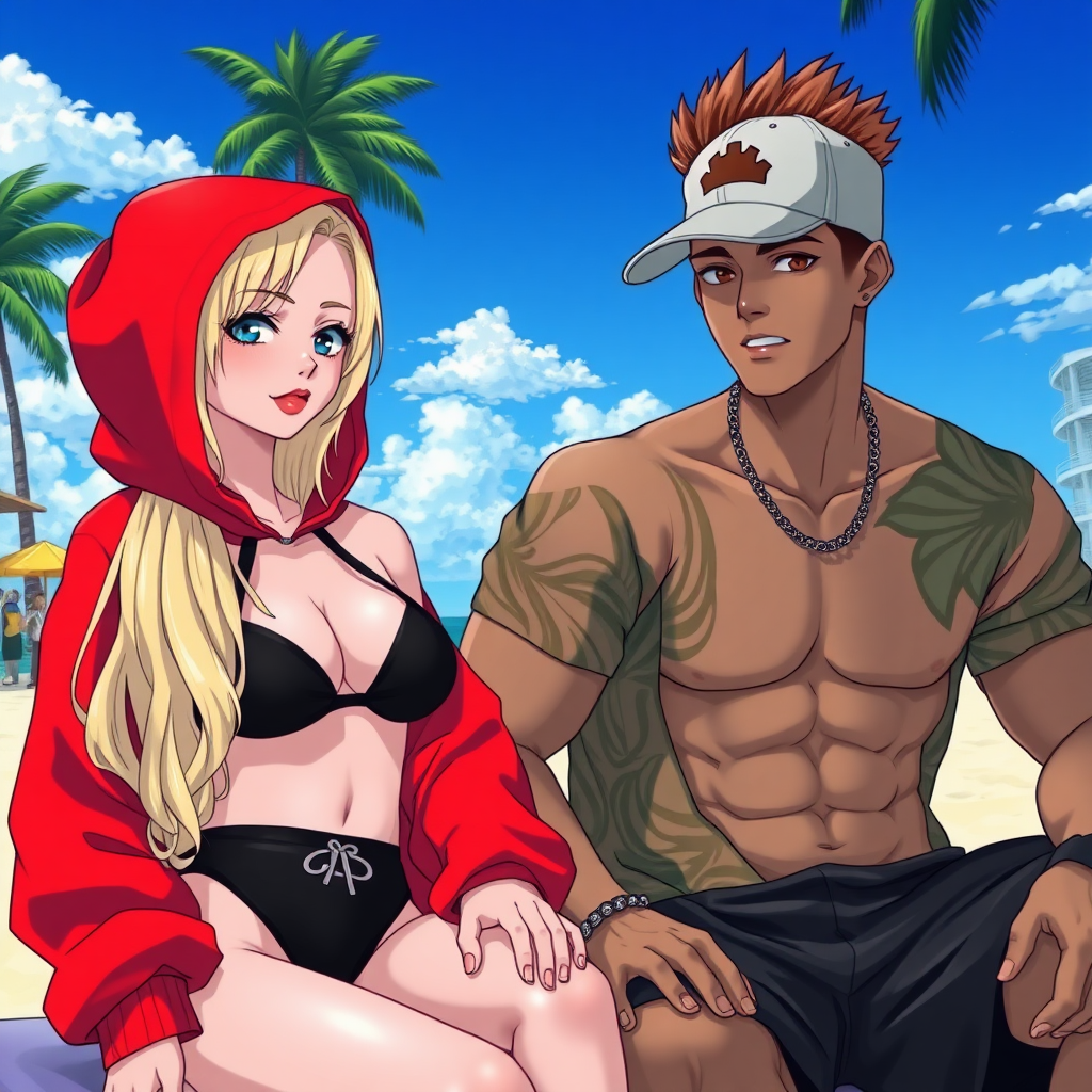 A high-quality anime art of a scene in Miami beach florida city,  3 people, a white-ghetto blond girl with blue eyes wearing a black-micro bikini under a red bape hoodie with red lips, white lips, a handsome white latino make with a sideways cap and brown-dark fohawk hair sitting next to her