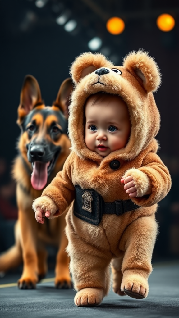 A cute small chubby fair baby with big eyes, pink lips, and pink cheeks, wearing a furry cozy dog costume, doing a ramp walk in a fashion show alongside a real German Shepherd dog, cinematic.