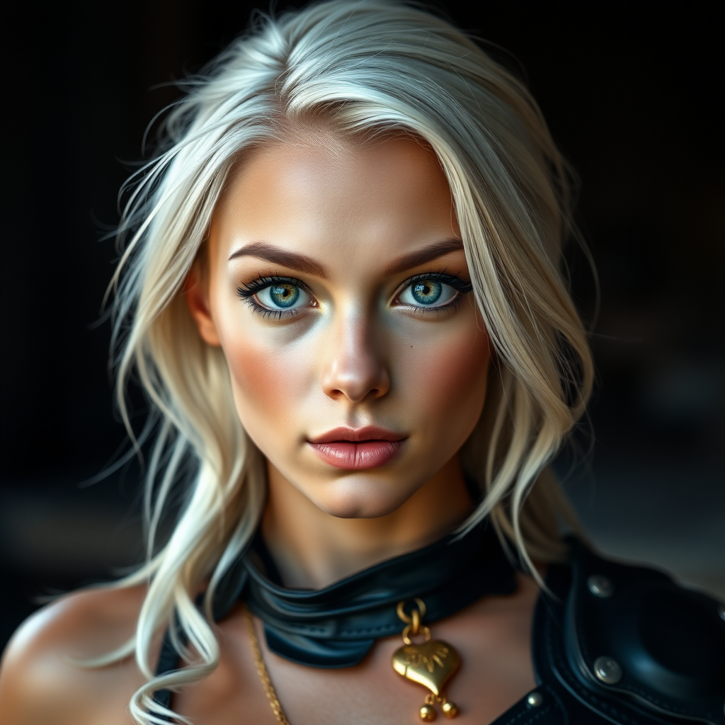 Portrait of a beautiful young platinum blonde woman with green eyes, a suntan, light brown eyebrows, and large breasts. She is wearing black leather armor and a gold necklace with a small heart pendant.