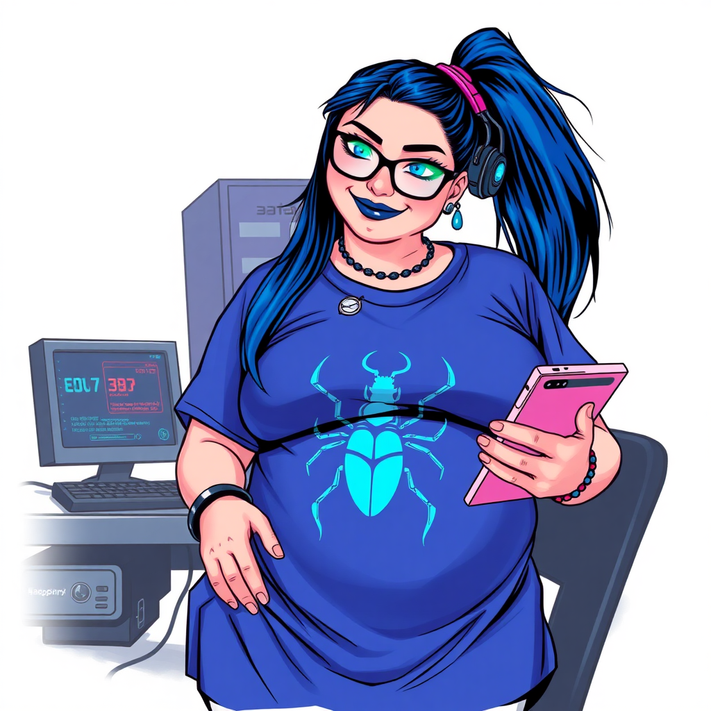 A cyberpunk vigilante’s full-figured intelligent and tech-savvy 28-year-old girlfriend, who is a computer hacker and tech genius. She has a long maximum blue ponytail. She wears maximum blue lipstick, bright blue eyes, a sapphire beetle gemstone necklace, sapphire earrings, black eyeglasses, and an oversized maximum blue t-shirt featuring a blue sapphire gemstone crusted chest icon of a beetle. She has a full-figured physique with a prominent, massive, round belly, reflecting her well-cared-for lifestyle. She sports a sapphire headset with a hi-tech maximum turquoise lensed HUD, and a shy smile with a neon red blush. She serves as his tech expert from his hideout, diligently working at her workbench and computer desk, while holding an electronic wrench and a holographic computer tablet. The background is solid white. She is drawn as if she was in a retro 2D cyberpunk fighting game. Ensure her maximum blue t-shirt covers her belly.