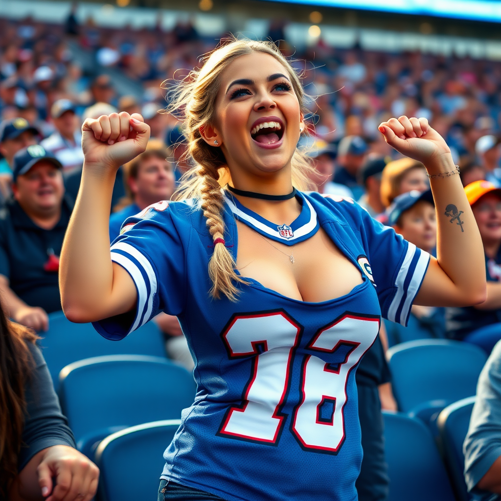 Extremely attractive female NFL fan, huge chest, jersey, cheering wildly, pigtail hair, crowded stadium bleacher row