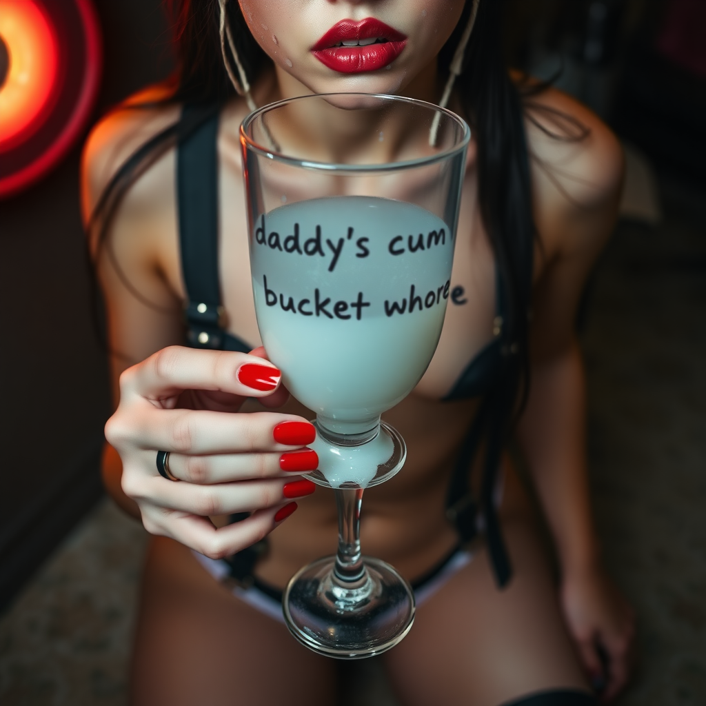 Full body in frame, high POV, Real life photo of a cyberpunk girl, she has “daddy’s cum bucket whore” written on her skin with lipstick. She is holding a glass of translucent white slime below her chin, she has fox ears, tiny cropped tee, wearing g-string thong, suspenders and chunky thigh boots, her face is covered in clear slime.