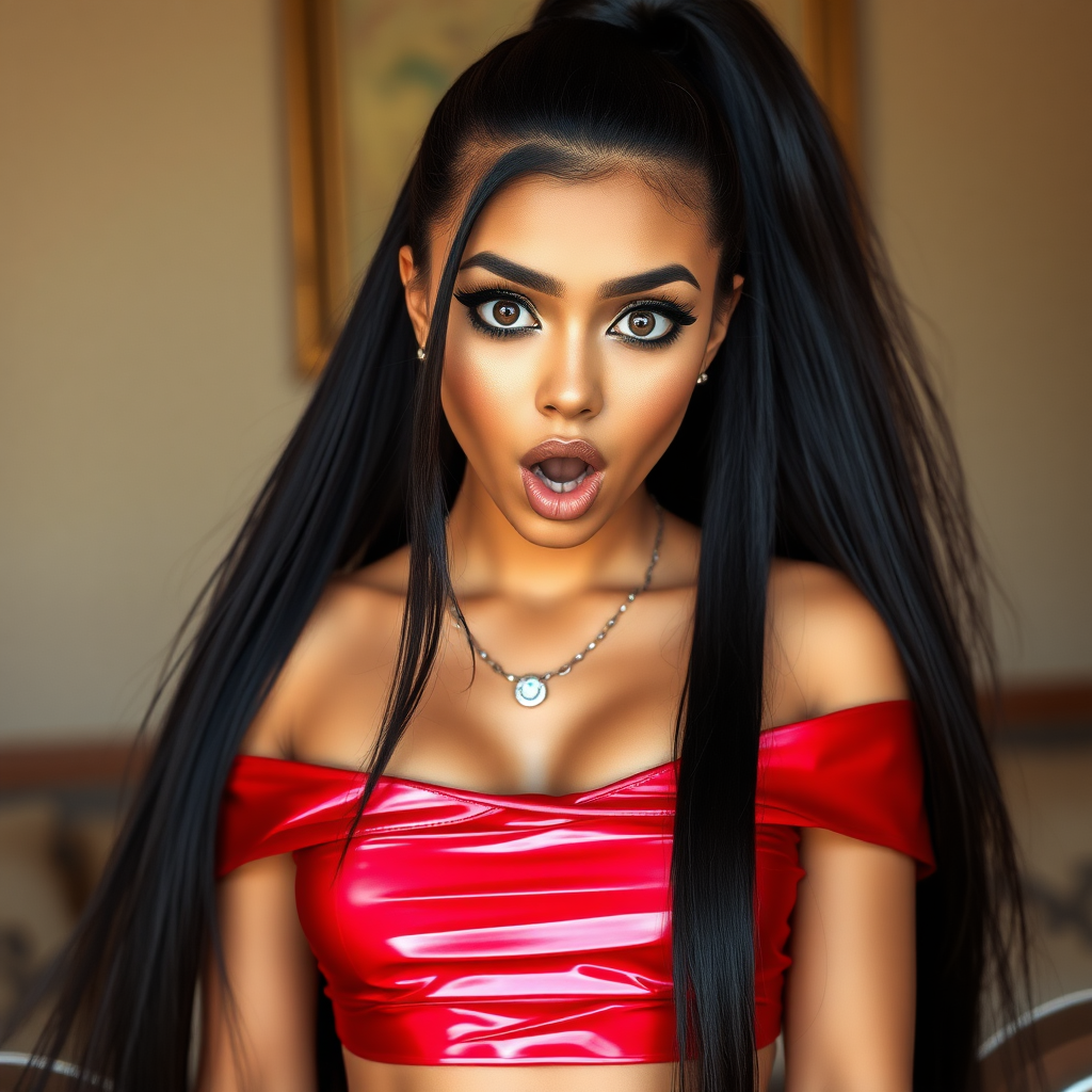 surprised Arabian girl with mouth open. She has very large eyes, black eyeshadow, black eyeliner, fake eyelashes, very tanned skin, very long hair. very high ponytail, red off shoulder shinny crop top. photo realistic, long straight black hair. crop top, pencil skirt, micro skirt, long legs.