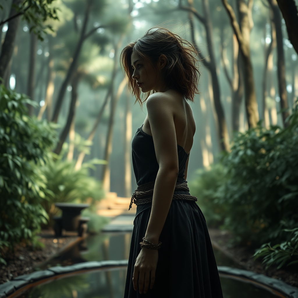 A full body shot from the side of a pretty twenty-something female orc wizard with a face resembling (ana de armas). standing above a reflection of herself in a small pool of water in a dense forest. messy shoulder length hair tussled by wind. inside a courtyard. Hyper-realistic, Photorealistic digital matte painting, soft focus, film grain, lens flare. gritty, dirty, scuffed.