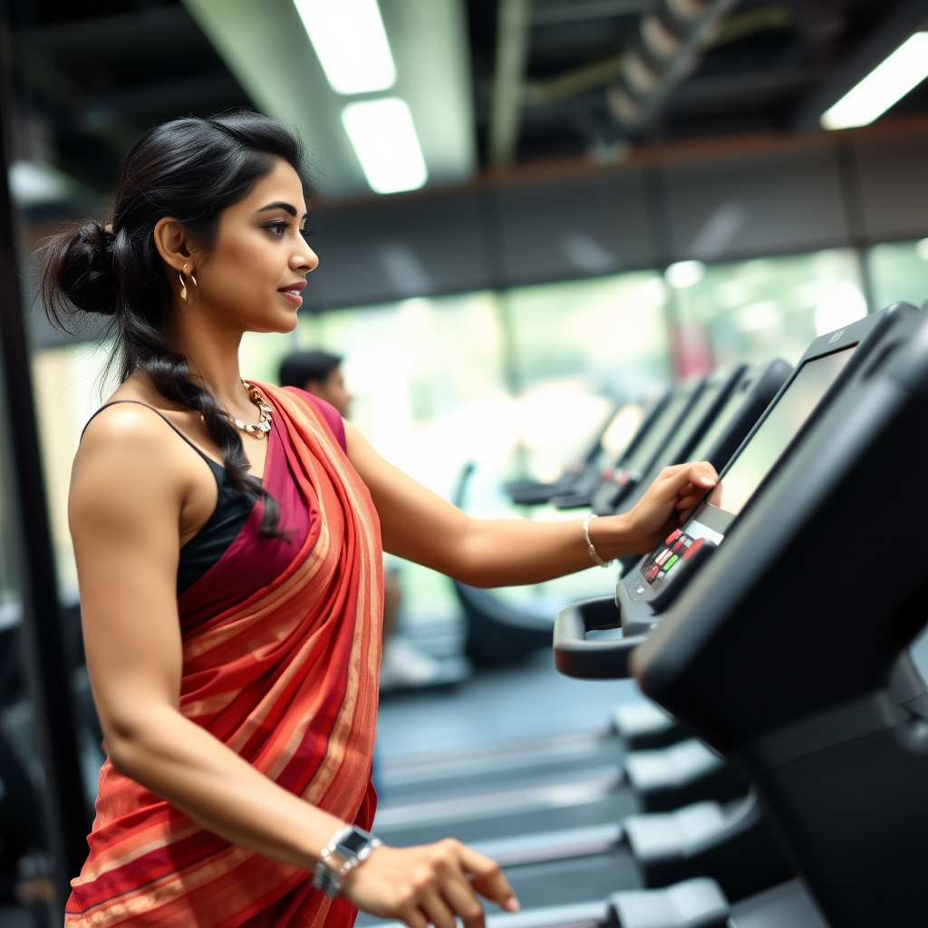 slim, traditional Indian wife, working out on Treadmill in gym