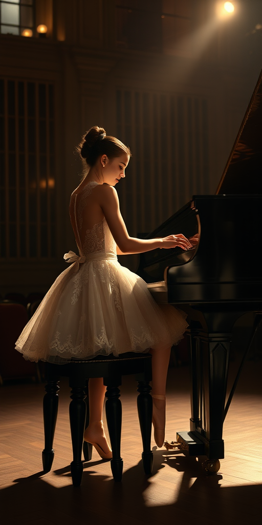 In the dim-lit auditorium of a historic ballet company theater, the air is thick with a sense of nostalgia, the kind that whispers stories of artistry and talent. A ballerina, poised elegantly on a weathered wooden stool, plays a grand piano with a mastery that transforms each note into a haunting melody. Clad in a delicate, ivory vintage tutu adorned with intricate lace and shimmering sequins that catch the soft light, her hands glide over the polished ebony keys, creating a symphony that echoes through the room.

The stage is bathed in a magical, ethereal glow, casting warm, golden highlights that accentuate the ornate details of her costume and the glossy sheen of the piano’s surface. Shadows dance gracefully along the walls, mingling with the muted colors of the velvet curtains that frame the stage. The scent of aged wood mingles with a faint hint of blooming jasmine wafting in from an open window, enhancing the dreamlike quality of the moment.

As she plays, a hushed silence envelops the audience, each note evoking memories and emotions that hang in the air like an invisible tapestry. The ballerina’s expression is serene yet deeply introspective, revealing a connection to the music that transcends the physical realm. Her fingers move with a fluid grace, reminiscent of the graceful pirouettes she performs when dancing, as if her entire being is infused with the rhythm of the piece.

In this intimate setting, the atmosphere pulses with a bittersweet beauty, where the past and present intertwine, inviting all who are present to lose themselves in the enchanting world of dance and melody that unfolds before them.