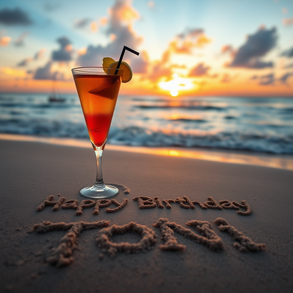 Beach with sunset, Cocktail in Sand spelling the words "Happy Birthday Toni"