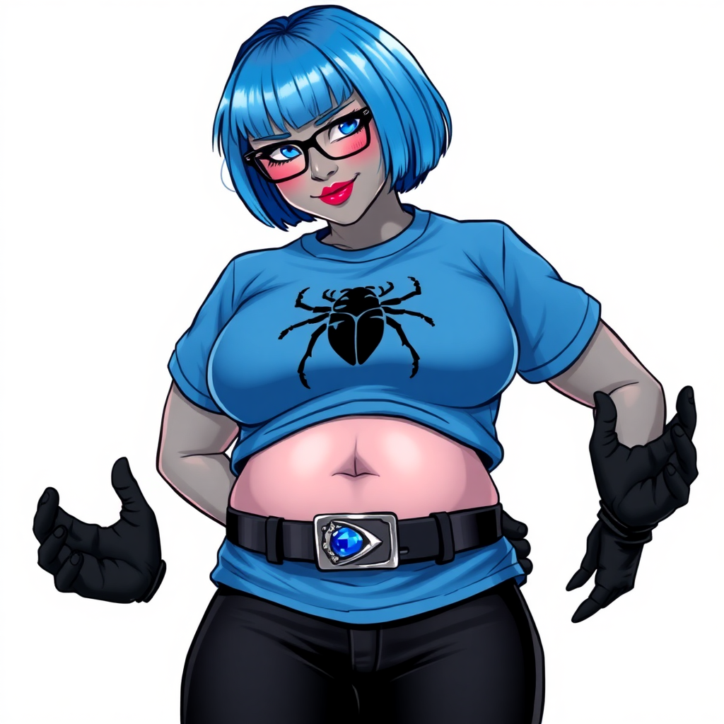 A 28-year-old, full-figured, metallic middle gray skinned computer program hybrid with a short maximum blue bob cut. She has a non-athletic build, highlighted by a prominent, round midsection (with a focus on her round belly). As a digital sidekick to her cyberpunk vigilante boyfriend, her middle gray metallic skin and maximum blue lipstick emphasize her digital nature. She wears a large, tight-fitting, maximum blue t-shirt (accentuating her belly) with a black chest icon of a beetle on its chest, black pants, a black belt with a sapphire scarab buckle, and black gloves. Her bright blue eyes, black eyeglasses, and shy smile with neon red blush accentuate her nerdiness. She bashfully bows her head (while still facing the screen) with her hands behind her back, her t-shirt covers her midsection (especially her belly) and emphasizing her full-figured, non-athletic physique. She is on a solid white background. She is drawn as if she was in a retro 2D cyberpunk fighting game. She is clearly non-athletic, with a focus on her full figure. Make sure her outfit covers all of her bare skin (especially her midsection).