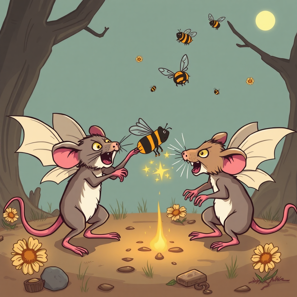 Demon rats fighting bee angels, cartoon