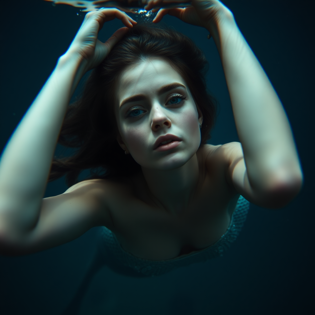 Delicately featured Mermaid floating underwater dark deep waters and dramatic lighting, crystal clear water her arms are up over her head stunning hd DSLR photography, she's facing the viewer looking down deeper into the water. intense and mysterious eye contact. Her tail trails elegantly behind her and delicate shimmering fish scaling trails up the sides of her torso.