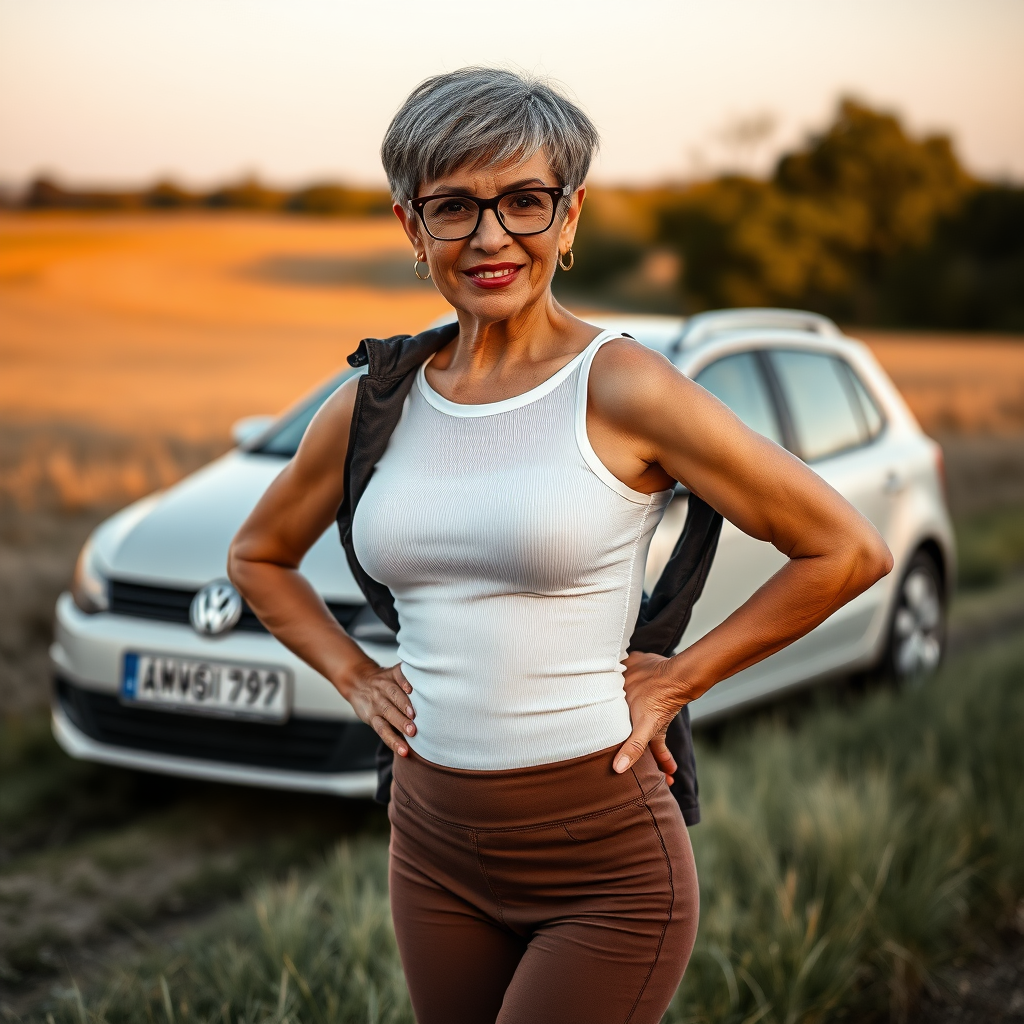 sexy Woman, 45 Years old, European, Latina, sharp aquiline nose, wrinkles, high cheekbones, Middle Eastern, Skinny, Tanned skin, Dark light skin, Makeup, Serious face, frowning, smiling, jewelry, Ash dark grey hair, bowl haircut, Slicked short hair, Short hair, black eye color, Glasses, detailed features, tight short white sheer unbuttoned tank top, bra line, jacket draped over her shoulders, brown tight leggings, panty line, long legs, heart shaped round ass, hands on hips, standing in the countryside near a VW polo V, full body, long establishing shot, side back view