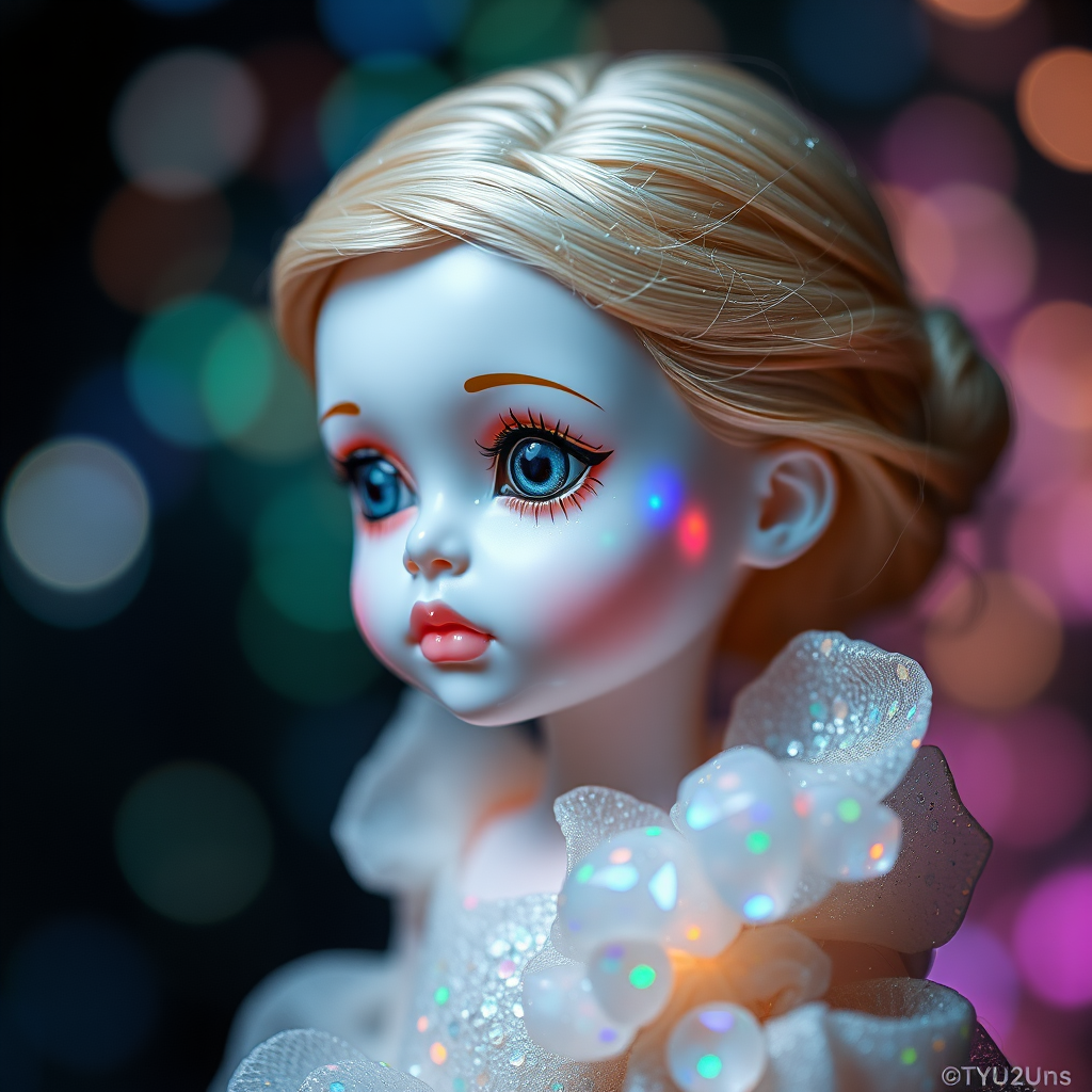 preteen artists doll, porcelain, Bokeh, abstract, fractal, brilliant colors, glittering, translucent, mother of pearl, opal, iridescent, natural skin, glowing