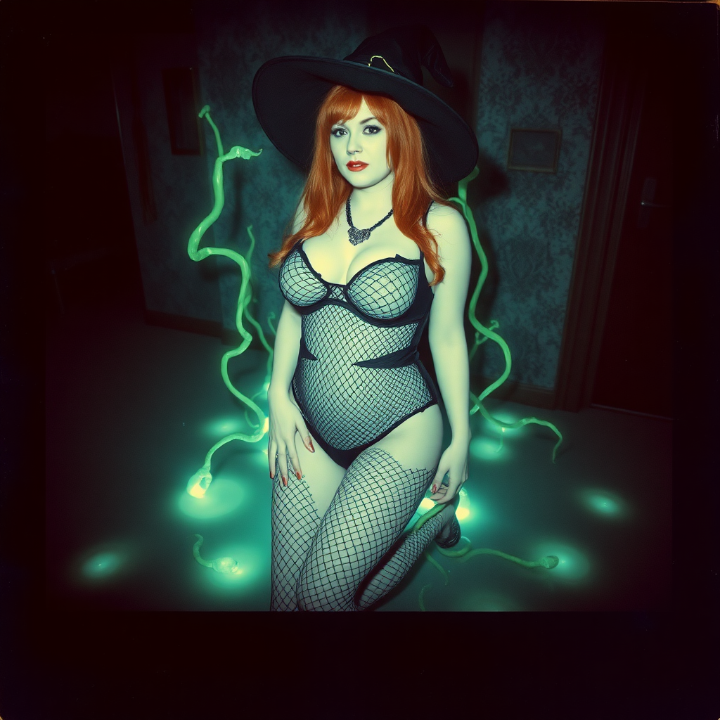 An old polaroid photo with heavy dark vignetting and a blue color tint to the photograph and visible light leaks. The photo depicts a sexy alt goth girl with pale skin and red hair. She has a plump booty. She has large breasts with ample cleavage and is wearing a black fishnet bodysuit. She is wearing a witch hat. She is surrounded by glowing translucent green vine coming out of magic bright glowing pools of water on the floor, wrapped around her arms and legs. She is straddling a green vine between her legs. The image looks hazy and grungy. She is in an old house with wallpaper on the walls. Dark lighting with camera flash used. Candid