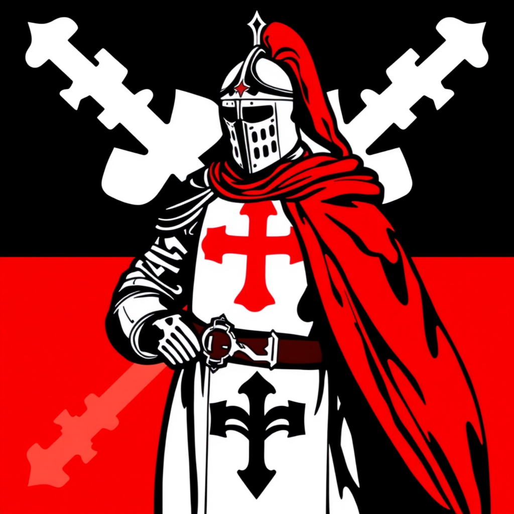 A knight of the Teutonic Order in black, white, and red colors, the background in black, white, and red colors.