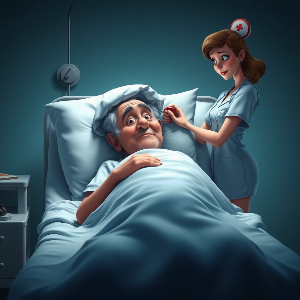 High quality, detailed, Disney 3d style film poster of an old man on a hospital bed with a huge erection under the blanket and a young skinny attractive nurse "impotence"