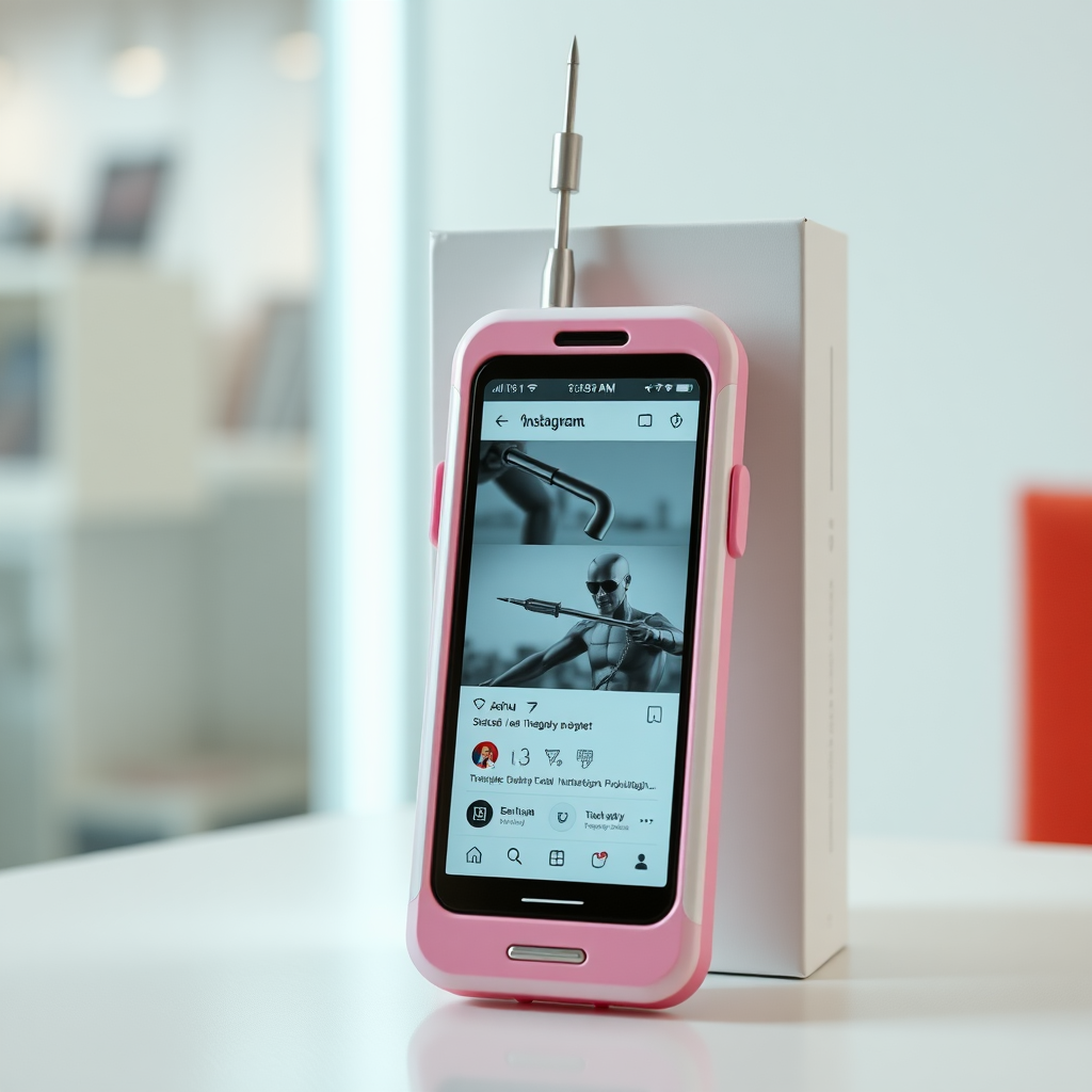 A close-up straight front view of a mobile phone in the shape inspired by a syringe, white pink futuristic, kept for sale leaning to a box with text Ashu and minimal design, in a showroom, metallic body, touchscreen phone with Instagram page open on the screen, needle on top, whitepunk.