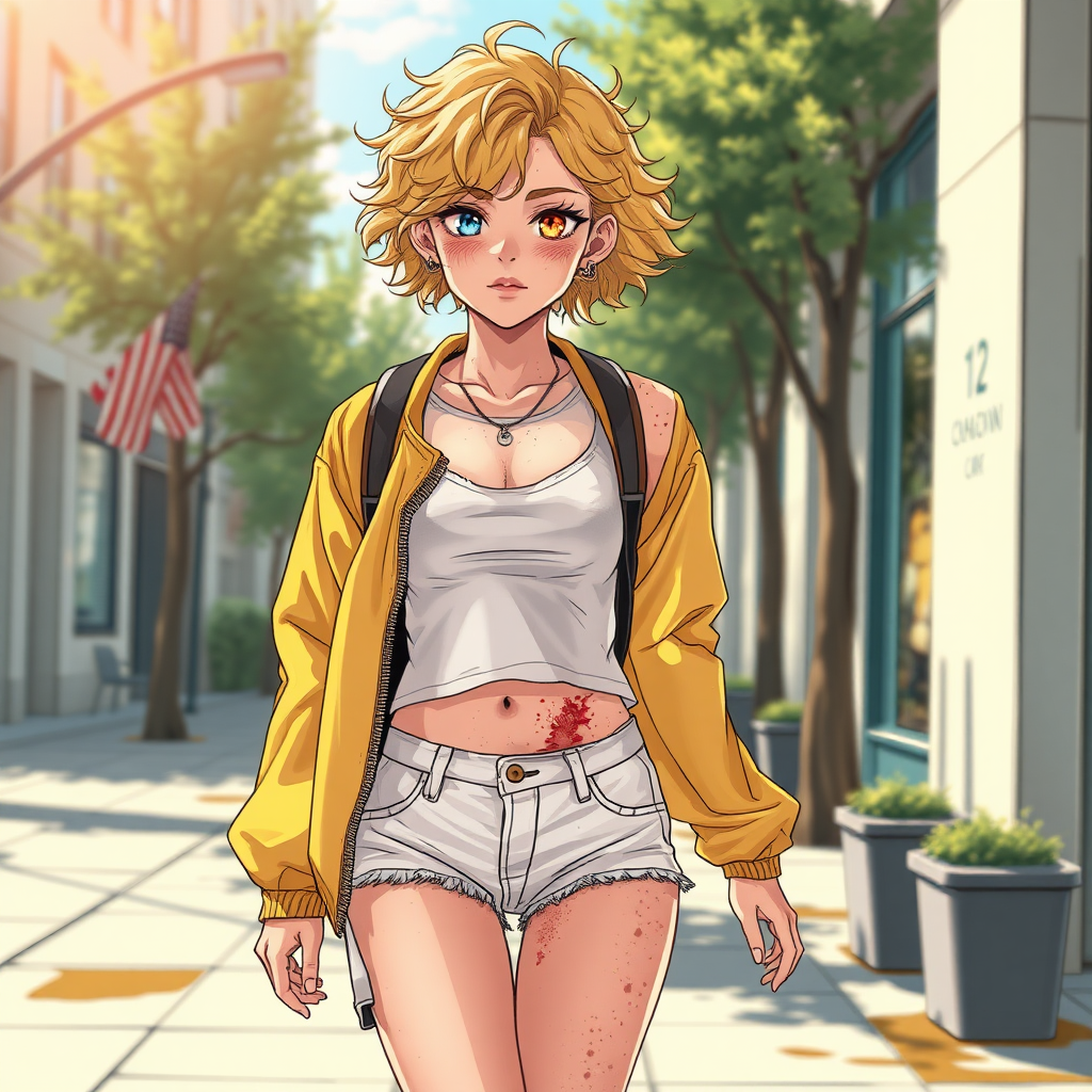 Realistic drawing style image, Extremely good quality 8k resolution drawn manga image of a 15 year old petite and short tomboy girl with golden blonde curly hair with mixed and different colored eyes for each eye and moles on her entire body and is a white American girl, Has on a Gold Jacket over a white extremely short crop top only covering her breasts and nothing more with a design on it, and has on ripped shorts and cool looking sneakers and a deep and big knife cut wound on her stomach from a huge injury she had, with a bright color backpack, ear piercings on, walking on the street to school in the morning with the beautiful sunlight lighting up her body beautifully with no tattoos.