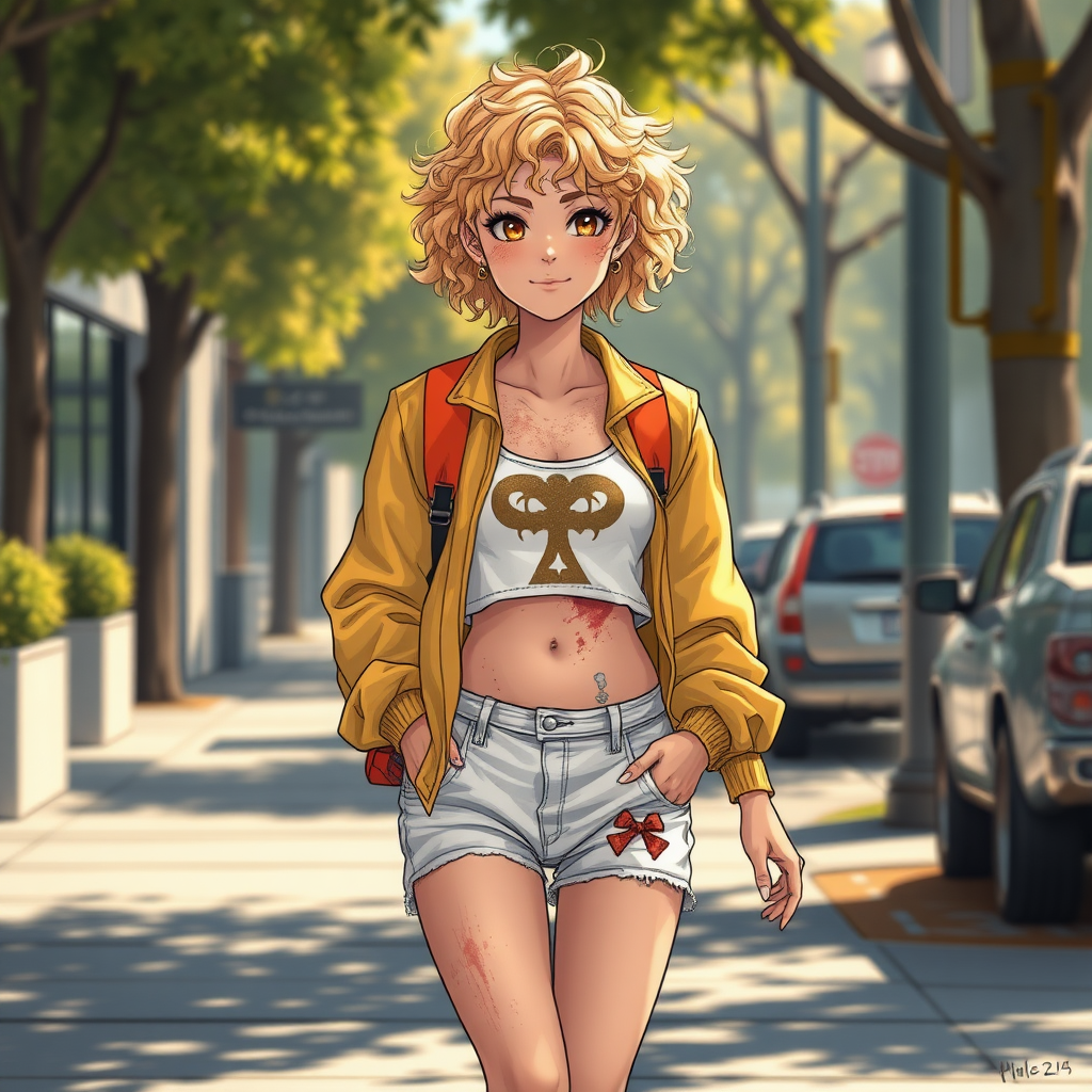 Realistic drawing style image, Extremely good quality 8k resolution drawn manga image of a 15 year old petite and short tomboy girl with golden blonde curly hair with mixed and different colored eyes for each eye and moles on her entire body and is a white American girl, Has on a Gold Jacket over a white extremely short crop top only covering her breasts and nothing more with a design on it, and has on ripped shorts and cool looking sneakers and a deep and big knife cut wound on her stomach from a huge injury she had, with a bright color backpack, ear piercings on, walking on the street to school in the morning with the beautiful sunlight lighting up her body beautifully with no tattoos.