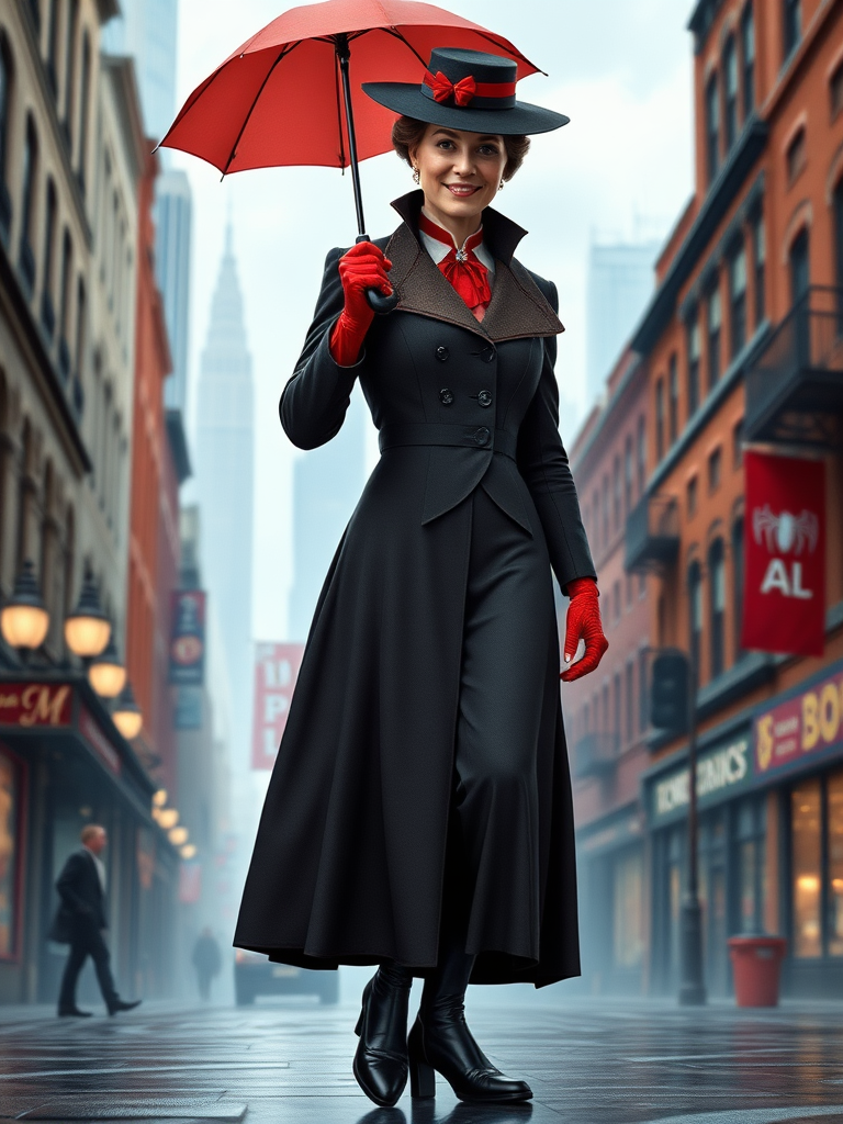 Create a full-length image of Mary Poppins with the masculine physique of Spider-Man, featuring defined muscles and an athletic build, but retaining Mary Poppins' original head. Her traditional clothing is modified to fit the muscular proportions, with a tailored, structured overcoat and elongated, fitted skirt to accentuate the build. She retains her iconic umbrella and hat. The background blends the whimsical charm of Edwardian London with the dynamic energy of a Spider-Man setting, like skyscrapers and bustling streets, reflecting both characters' worlds in one cohesive scene.