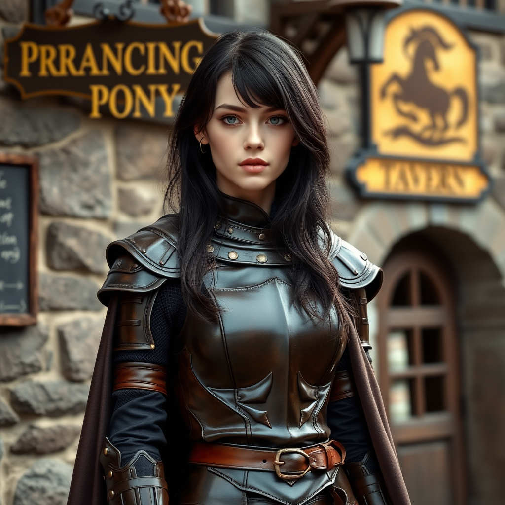 beautiful young woman, dark hair past her shoulders, blue eyes, small, slim figure, wearing full leather armor suit, long cloak, standing next to medieval tavern with sign: "Prancing Pony".