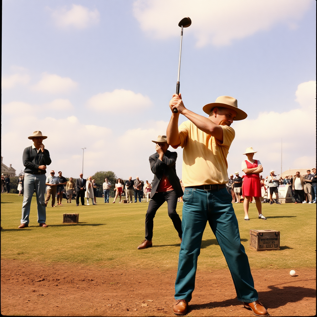 Highly detailed Kodachrome color real British surreal photograph from 1978 of August saw a contest fit for Kings  
From far and wide they came to trade their swings  
Little grubs with stone-age clubs  
And tanners' sons with foxes gloves  
They came to face the stiffest course since Tring