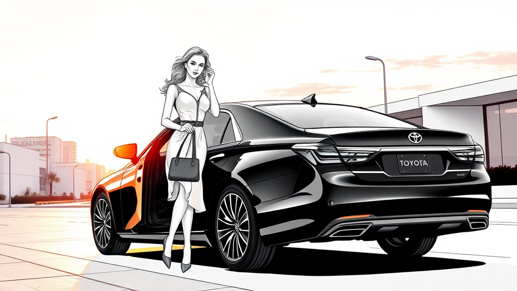 A b&w, 16x9 storyboard sketch of a beautiful, upscale woman opening the door to a sleek, black Toyota Crown. She exudes confidence and elegance, wearing a chic, well-fitted designer dress in soft tones, paired with luxury accessories like a leather handbag and subtle, sparkling jewelry. Her hair is styled in polished waves, perfectly complementing her sophisticated demeanor. The scene is set at sunset, with the warm, golden light casting long shadows and highlighting the glossy curves of the car. The sky glows with hues of orange, pink, and purple, reflecting off the car’s surface. The car is parked on a clean, wide street, surrounded by minimalist modern architecture. Soft city lights are just beginning to flicker on in the distance, enhancing the refined, serene atmosphere of the moment.