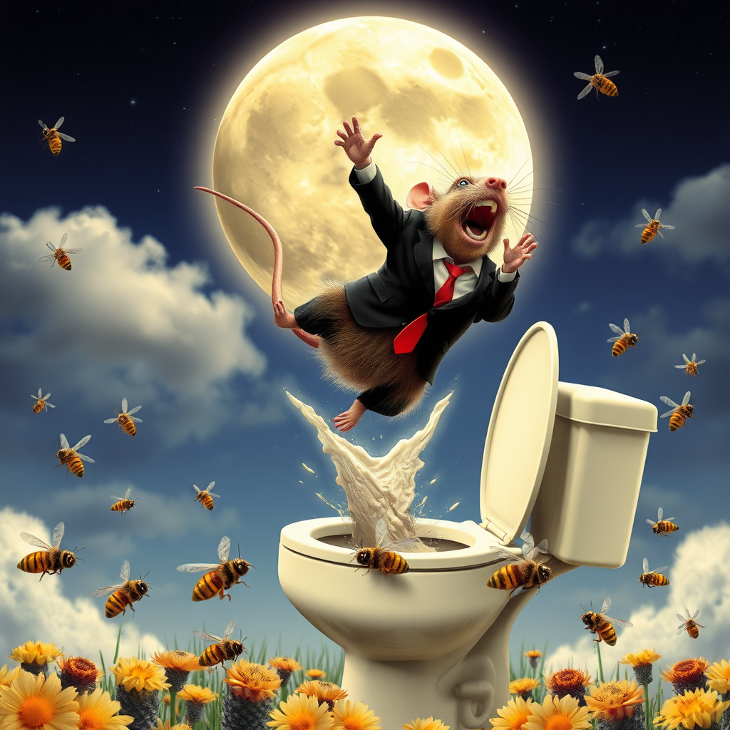 A rat politician diving off the moon into a toilet, bees, 2000s musical movie poster, no text