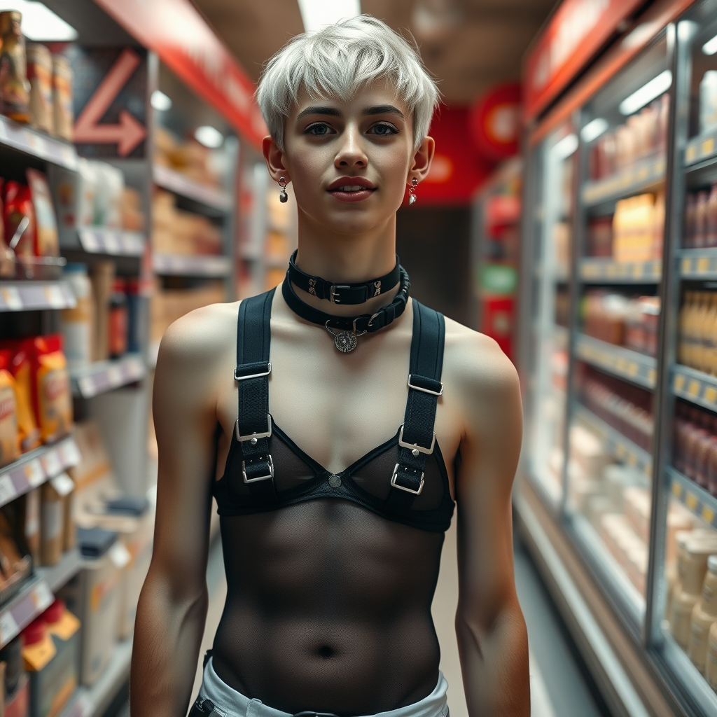 photorealistic, ultra high resolution, 16K, surreal fantasy, studio lighting, a pretty 16 year old goth boy, slim male physique, short blonde hair, goth makeup, earrings, pantyhose, harness, spikey dog collar and leash, trainer-bra, white ballet shoes, in the supermarket, excited smile, facing the camera.