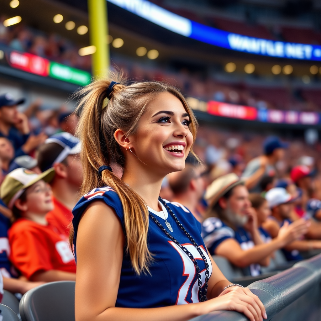 Attractive female NFL fan, pigtail hair, cheering, at crowded stadium bleacher row