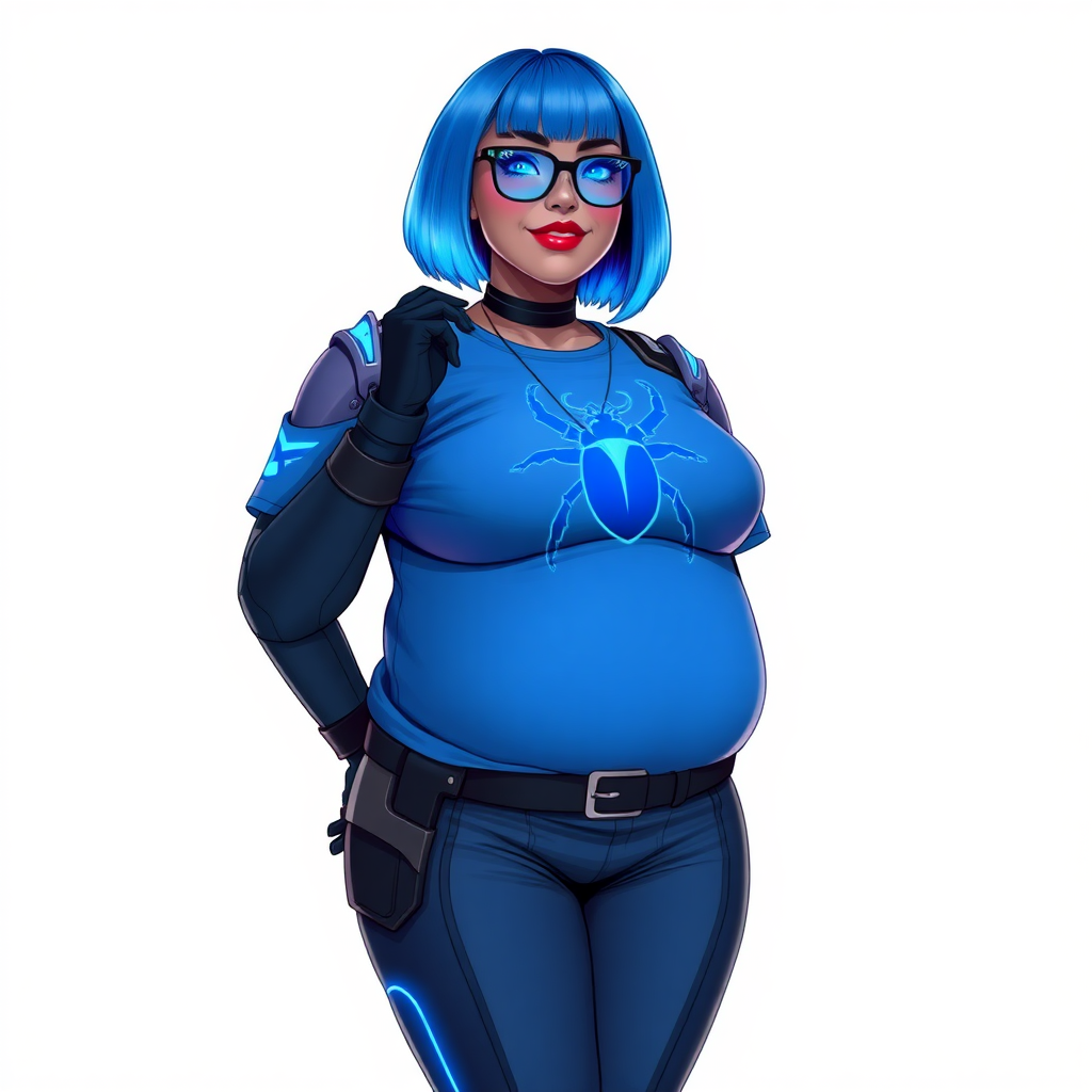 A 28-year-old, full-figured, metallic middle gray skinned computer program hybrid with a vibrant maximum blue bob cut. She has a non-athletic build, highlighted by a prominent, round, large midsection (fully emphasizing her round large belly) while being covered by her large t-shirt, reflecting her new junk food eating habits influenced by her boyfriend. As the full-figured, nerdy, digital sidekick to her cyberpunk vigilante boyfriend, her middle gray metallic skin and maximum blue lipstick underscore her digital essence. She dons a digital, computerized outfit: a large, tight-fitting, high-tech, maximum blue t-shirt with neon blue glowing beetle themed accents complete by a giant neon blue glowing beetle icon on the chest, hi-tech shoulder pads with neon blue accents, a black hi-tech belt with a digital neon blue glowing buckle, digital maximum blue pants with neon blue accents, and black hi-tech gloves with neon blue glowing accents. Her neon blue glowing eyes, black eyeglasses with neon blue glowing lenses equipped with a built-in HUD, and shy smile with neon red blush highlight her nerdiness. She stands bashfully with one hand behind her back and the other gently touching her cheek, her outfit covering all her bare skin and fully emphasizing her full-figured physique (especially her large belly). She is clearly non-athletic, with a heavy focus on her full-figured physique (with full emphasis on her large belly). Despite her build, she radiates beauty. Her slim face contrasts with her physique, accentuating her radiant beauty. She is set against a solid white background. She is drawn as if she were in a retro 2D cyberpunk fighting game.